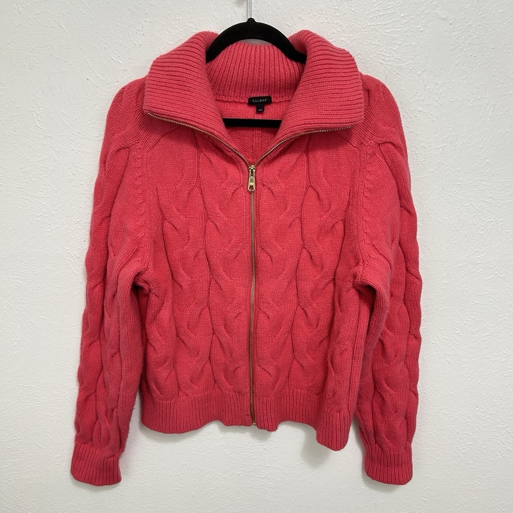 Talbots Barbie Pink Cable Knit Full Zip Cardigan Sweater Jacket Mock Neck Size L